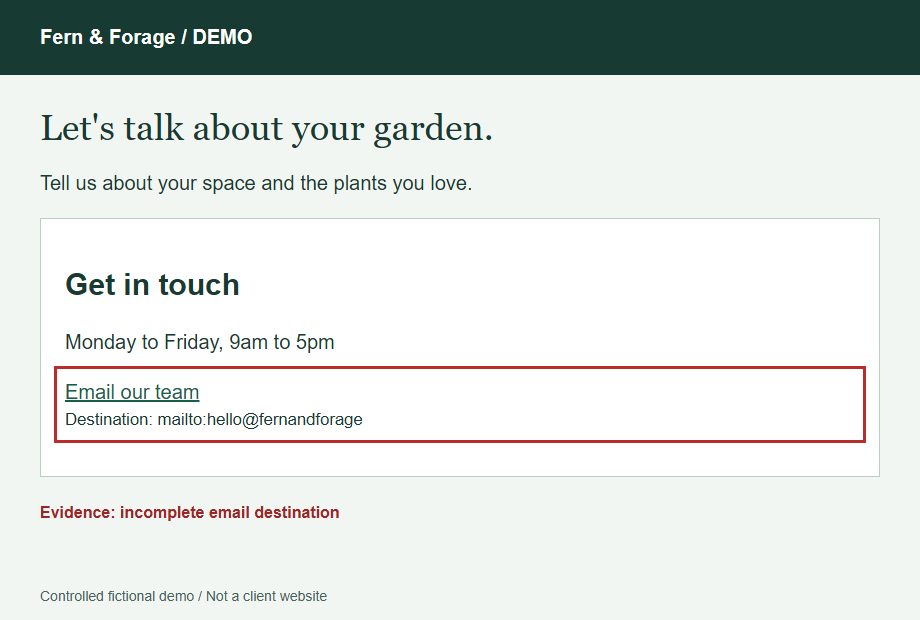 Controlled demo contact page showing an incomplete email destination inside a red evidence outline.