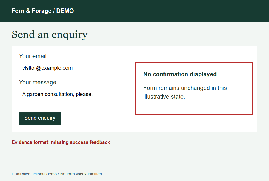 Controlled demo enquiry form with the missing confirmation area outlined in red.